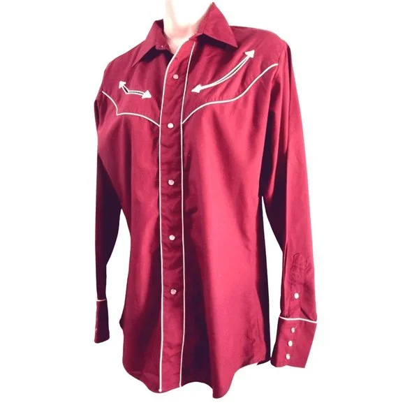 Vintage 70s Levis Pearl Snap Womans S Western Cowboy Rodeo Shirt Maroon White - Picture 5 of 16